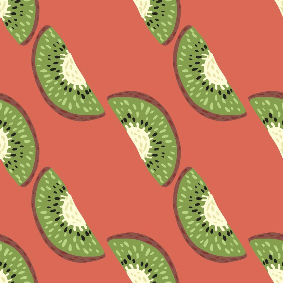 Green kiwi slices seamless pattern. Hand drawn fruit creative print on coral background. vector