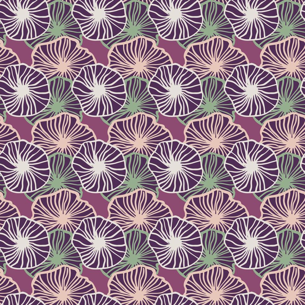 Botanic abstract seamless pattern with outline flowers. Purple, lilac and green color stylized print. vector