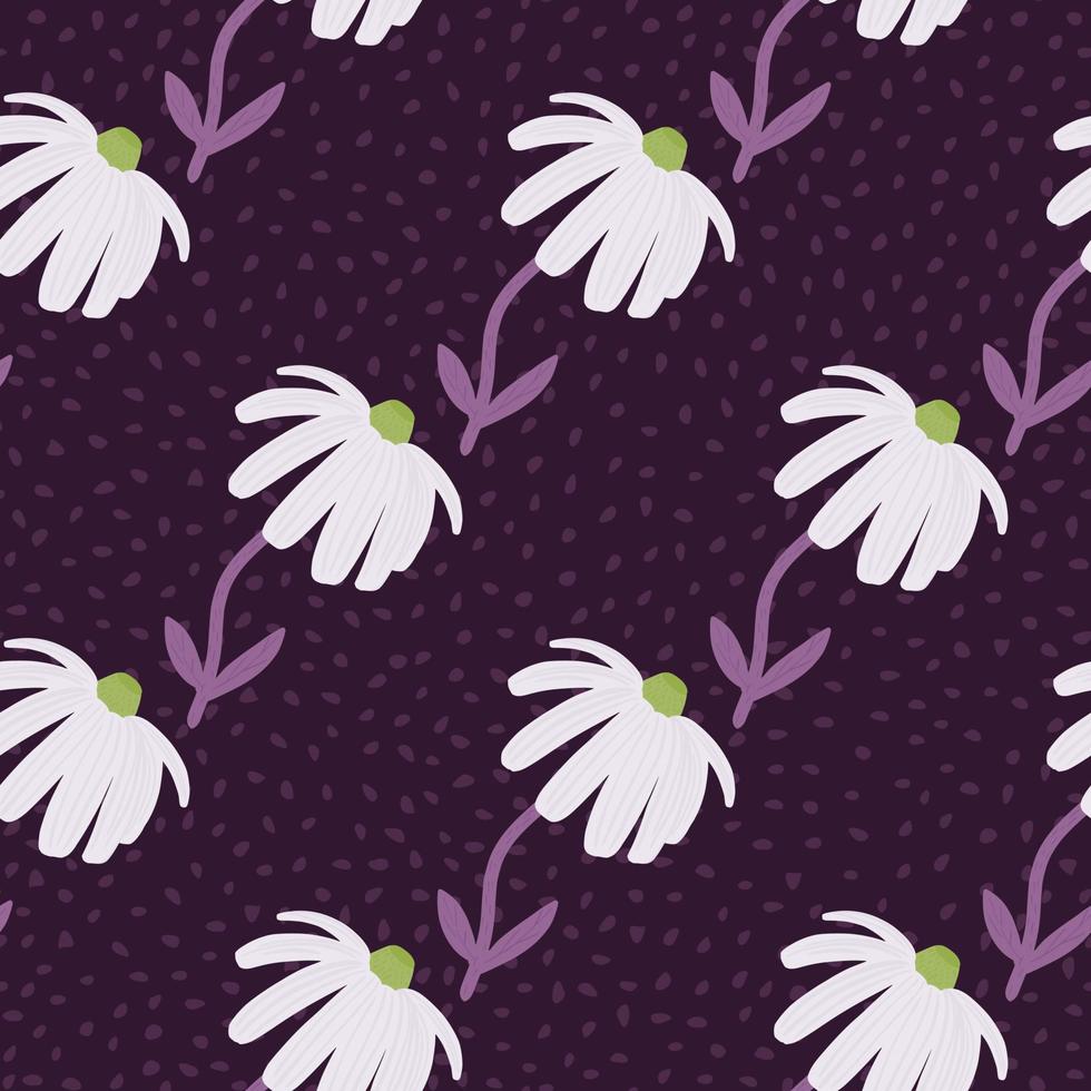 Simple flower silhouette seamless doodle pattern. Chamomile white ornament on dark purple background with dots. vector