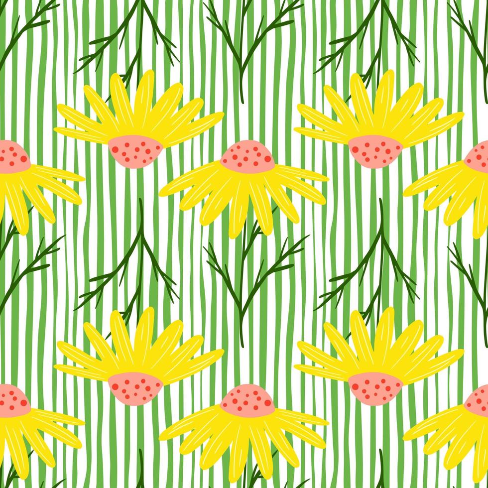 Meadow seamless pattern with bright yellow daisy flowers shapes. Green and white striped background. vector