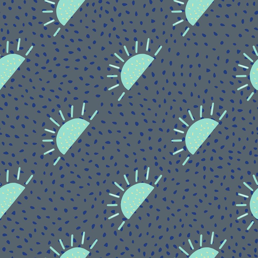 Seasonal abstract seamless pattern with blue bright ethnic sun ornament. Grey background with dots. vector