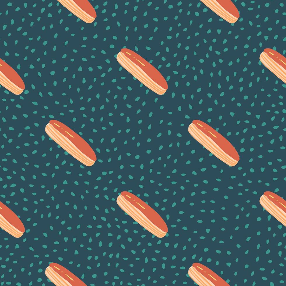 Diagonal tasty eclair seamless food pattern. Sweet elements in orange tones on dark turquoise dotted background. vector