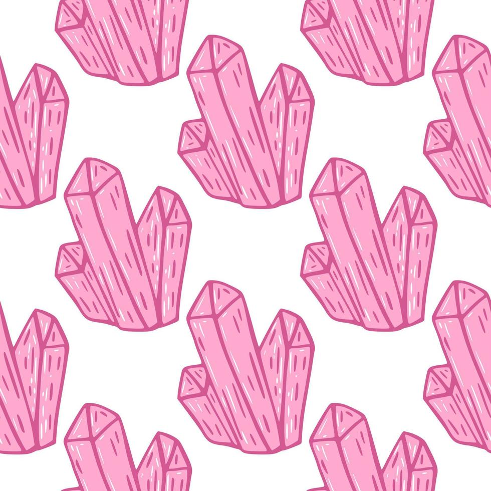 Isolated mineral seamless pattern with pink crystals ornament. White background. vector