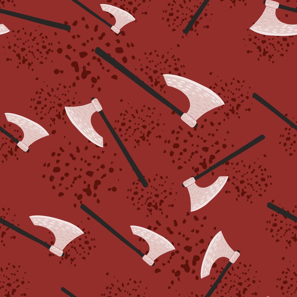Horror seamless random pattern with viking ax silhouettes. Steel norway weapon ornament on red background with blood splashes. vector