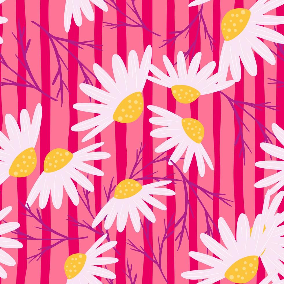 Random white chamomile flowers shapes seamless pattern. Pink bright striped background. Blossom ornament. vector