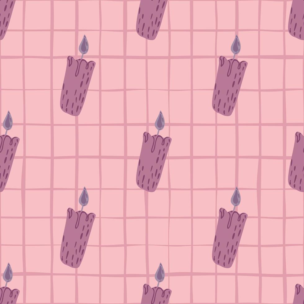 Purple doodle candles seamless pattern in hand drawn style. Pink chequered background. vector