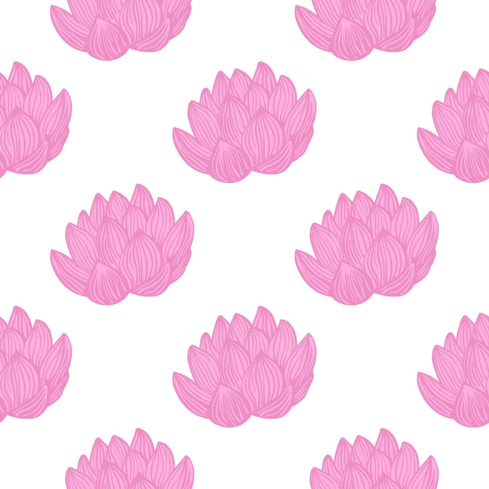 Isolated hand drawn seamless pattern with contoured pink lotus flower ornament. White background. vector