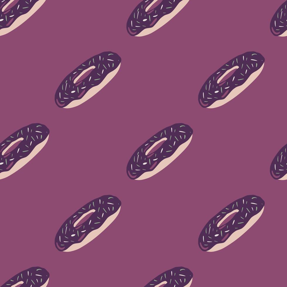 Food diagonal donuts seamless pattern. Stylized tasty backdrop in purple tones. Simple sweet snack print. vector