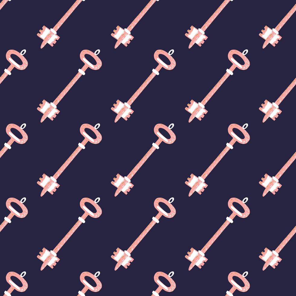 Pink colored keys victorian silhouettes seamless pattern. Navy blue dark background. Vintage simple backdrop. vector