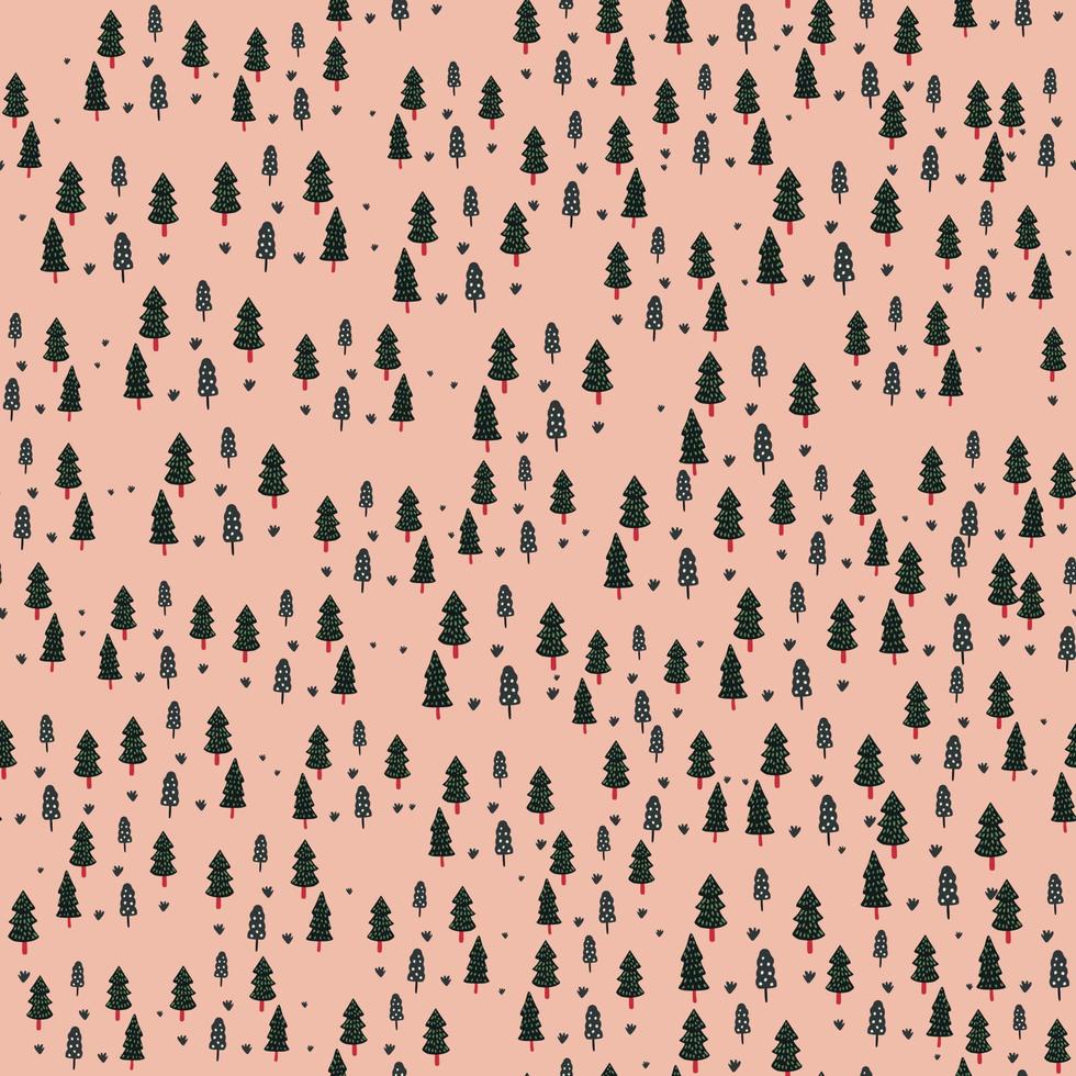 Little forest silhouettes seamless hand drawn pattern. Black fir tree elements on light pink background. vector