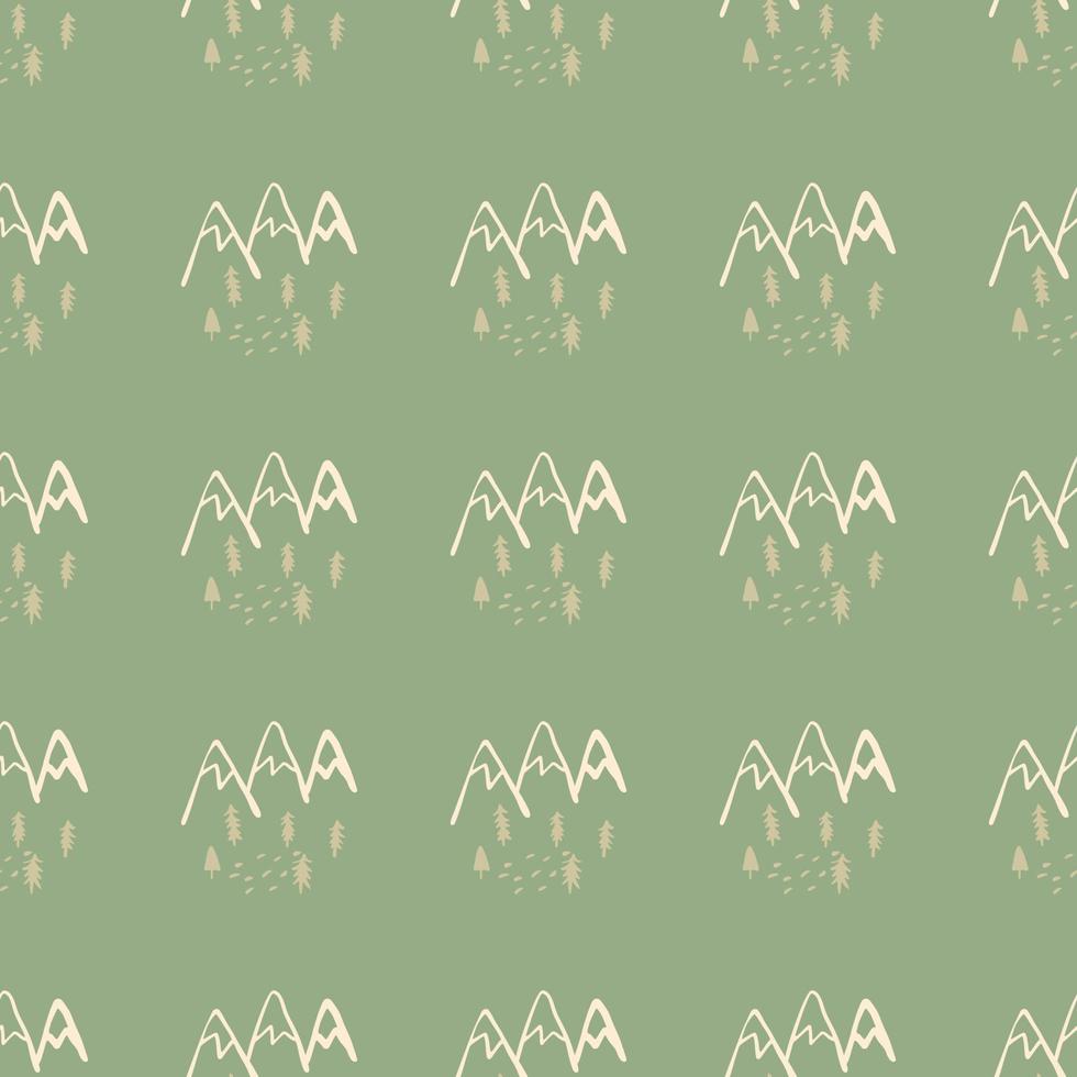 Seamless pattern with trees and mountains on green background. Geomteric endless woodland wallpaper. vector