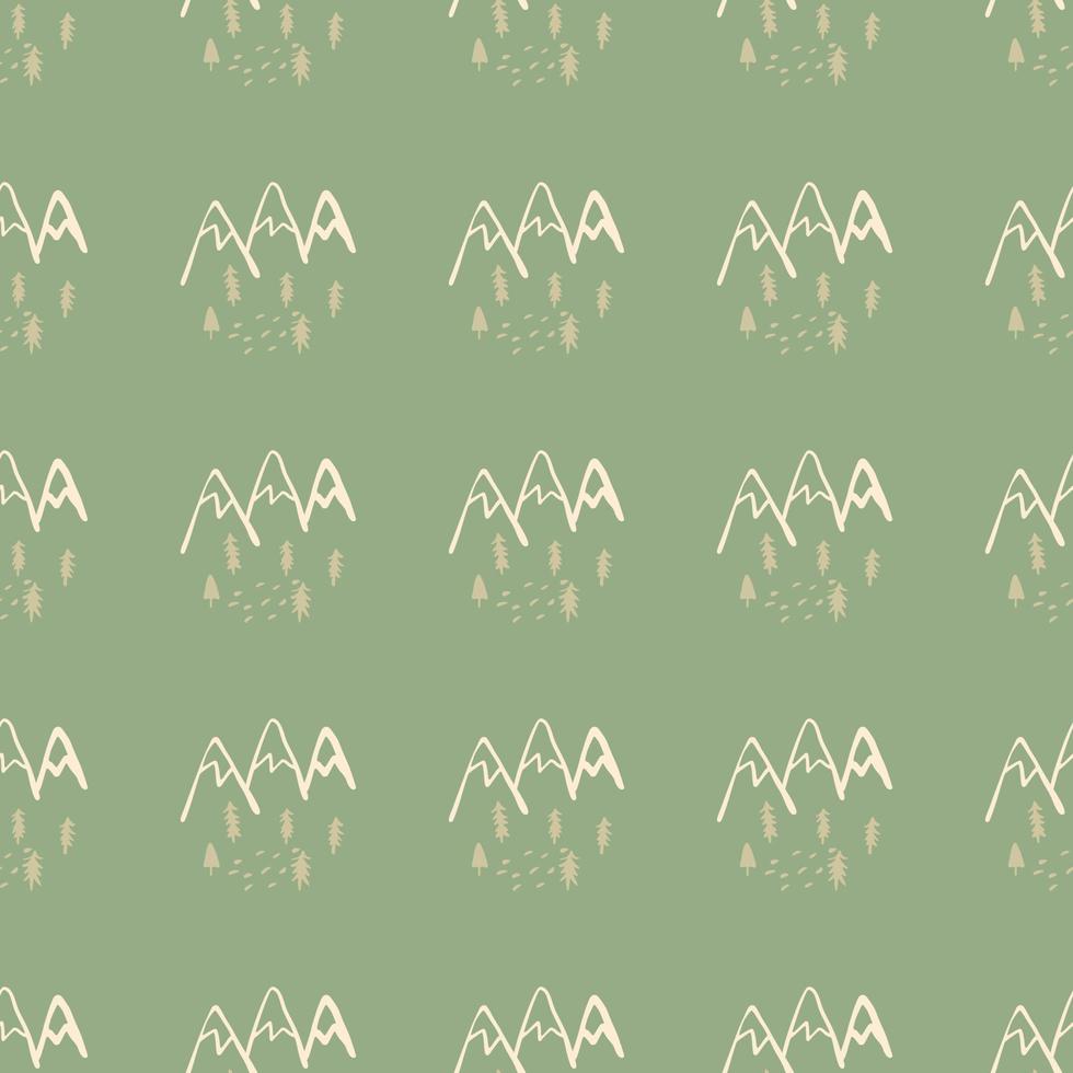 patrón sin costuras con árboles y montañas sobre fondo verde. fondo de pantalla de bosque sin fin geométrico. vector