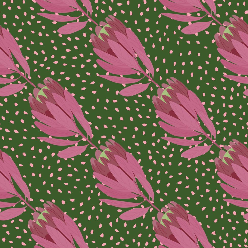 Pale purple hand drawn protea flowers seamless pattern. Green dotted background. Nature backdrop. vector
