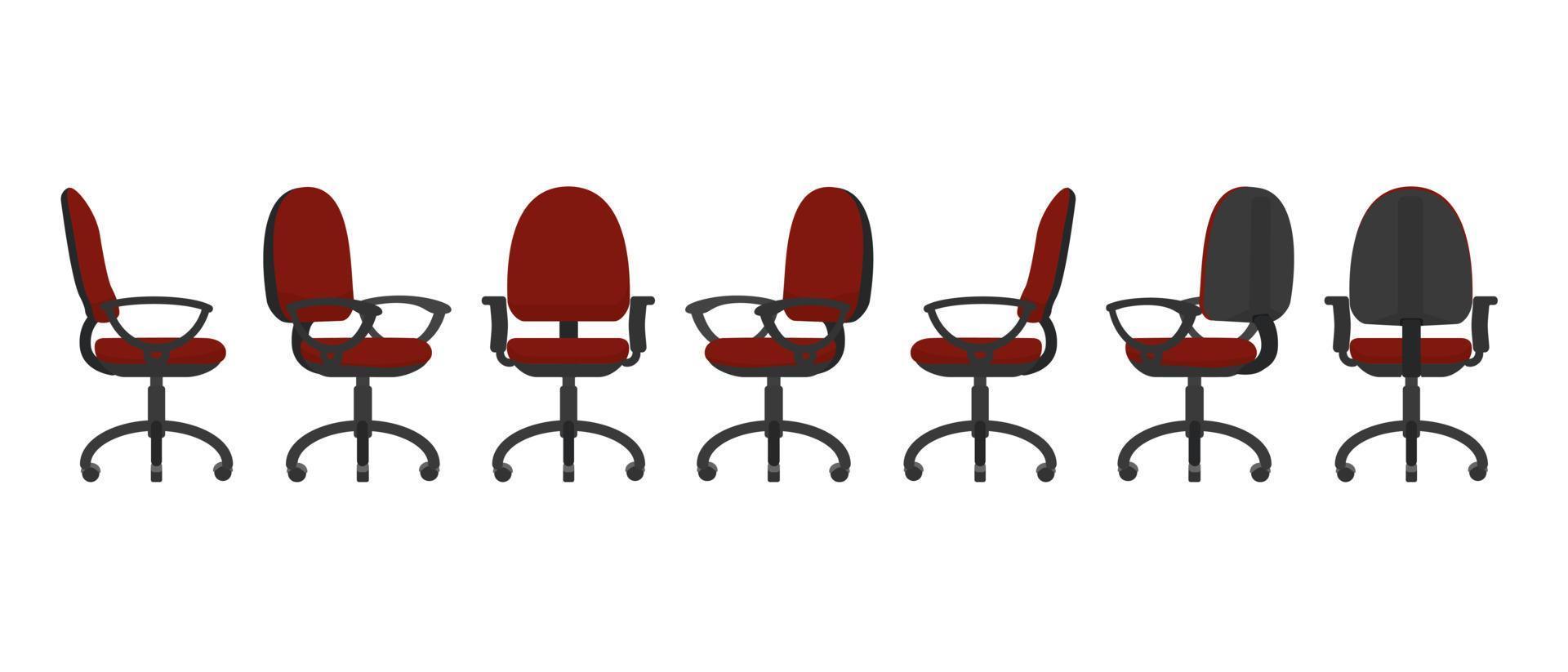 Red office chair from various points of view, including front, back, side, two-thirds. Flat style isolated on white vector illustration.