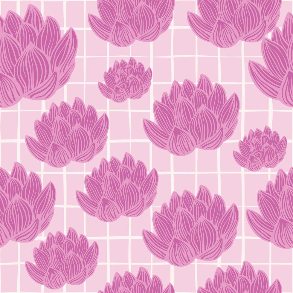 Random seamless bright pattern with pink contoured lotus flower shapes. Chequered background. vector