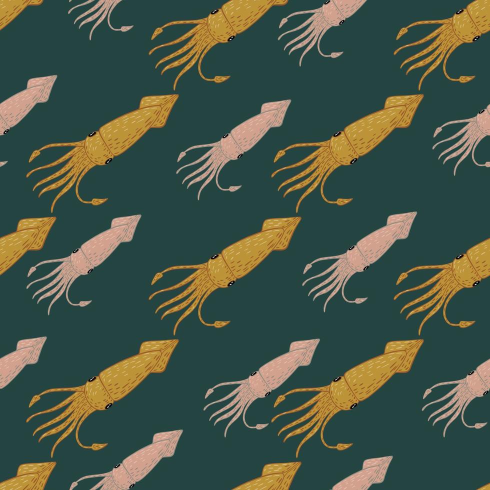 Nature sea seamless pattern with pink and yellow pale squids silhouettes on turquoise background. vector