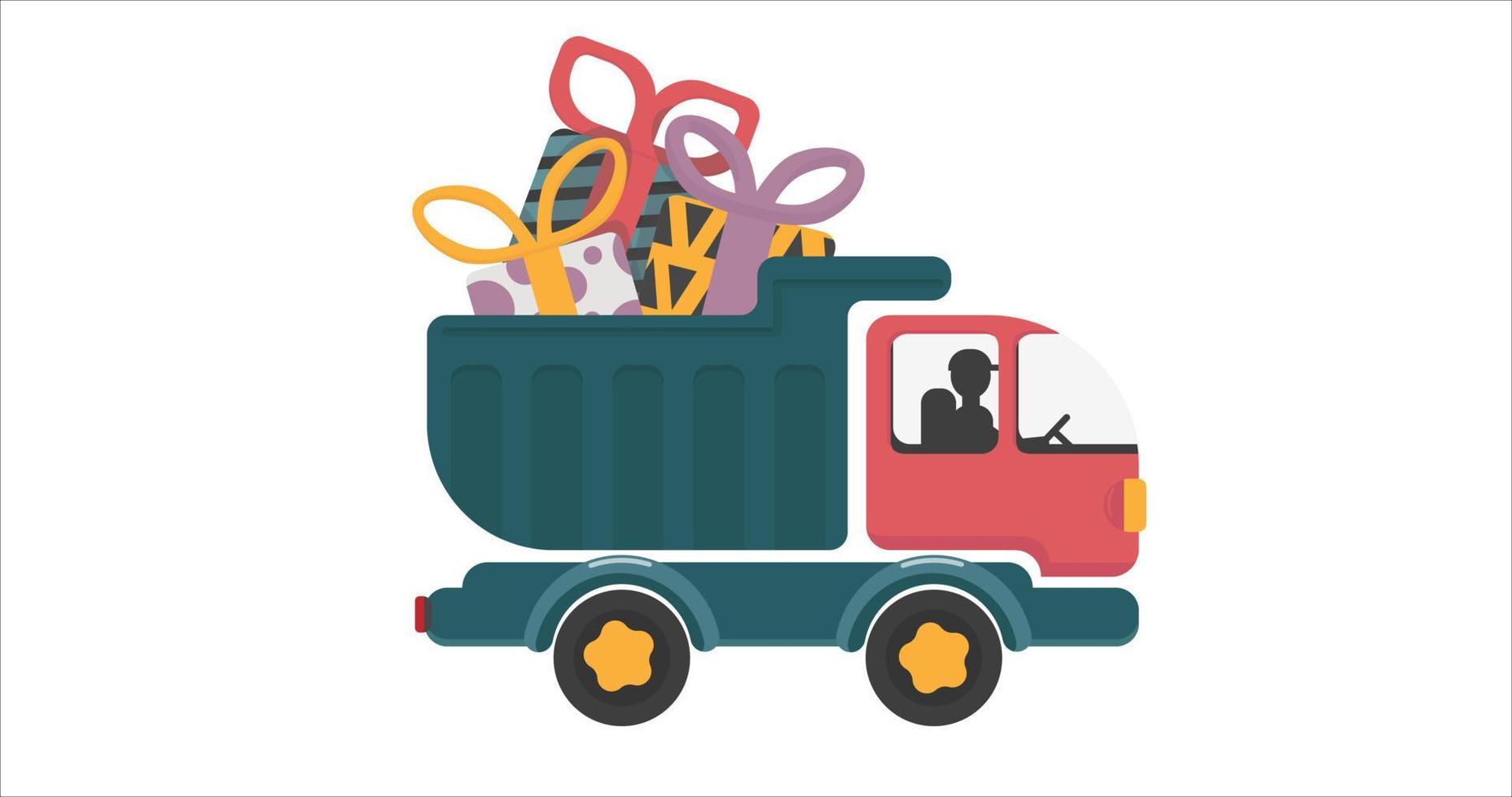 A truck full of bright packed gifts. Flat style isolated on white vector illustration.