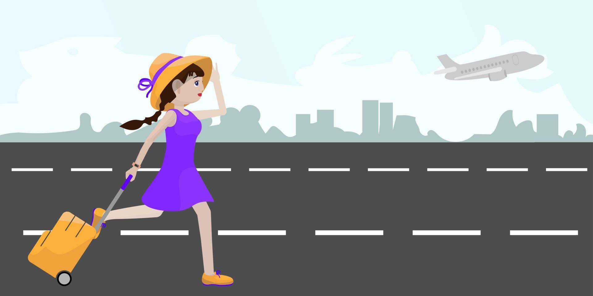 Woman in straw hat, purple summer dress, with a suitcase on wheels is running on an airport ground while her airplane is gone. Young lady missed her plane. Landscape cartoon style vector illustration.