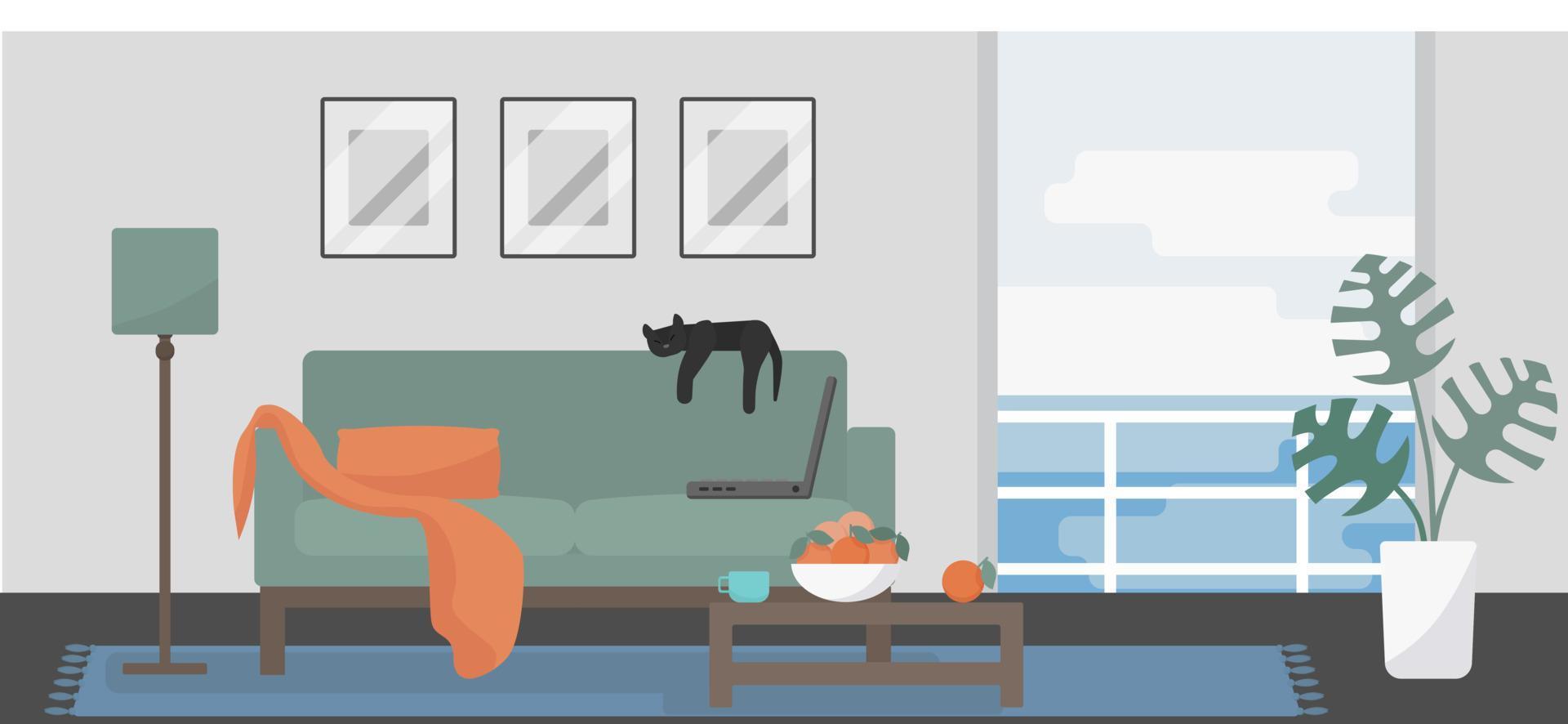 Minimalistic room interior with sea view. Green couch with orange plaid, laptop, dreaming cat, coffee table with oranges, and a balcony. Work and relax balance concept. Flat style vector illustration.