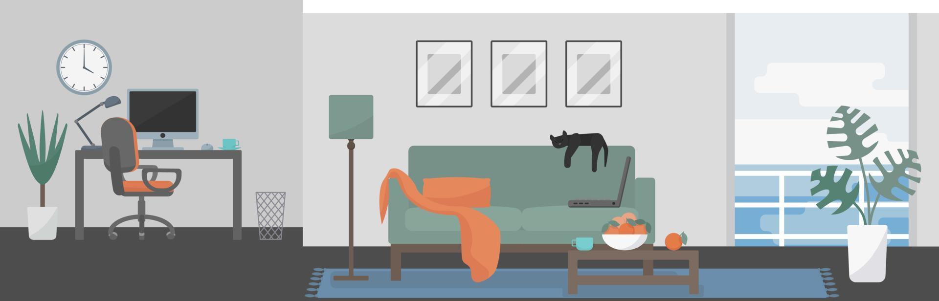 Minimalistic interior with couch, workspace and a window with a sea view. Work from anywhere, freelance concept. Flat style vector illustration.