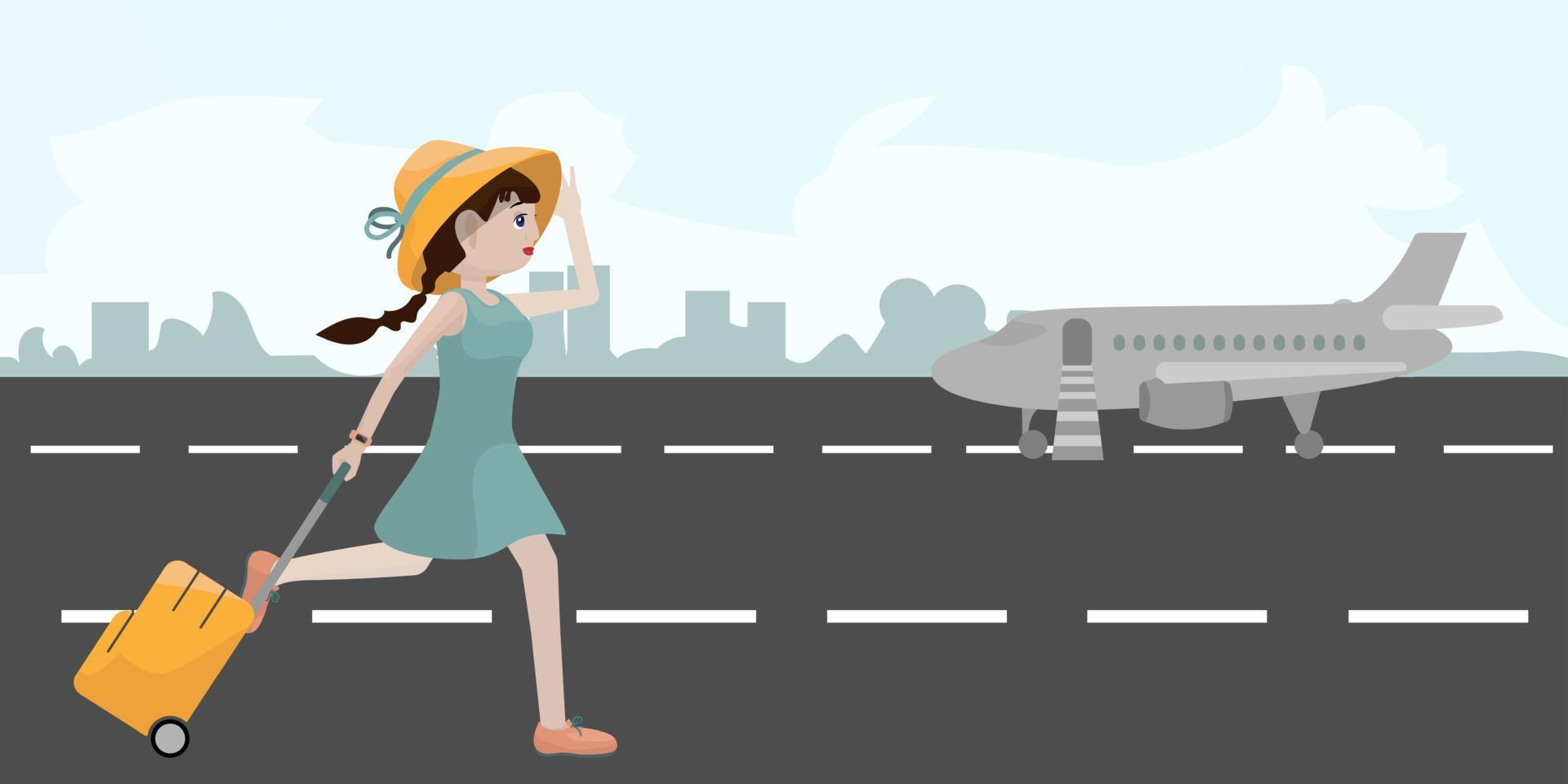 mujer joven con sombrero de paja, vestido de verano verde, con una maleta sobre ruedas está corriendo a un avión en un terreno del aeropuerto. ilustración de vector de estilo de dibujos animados de paisaje.