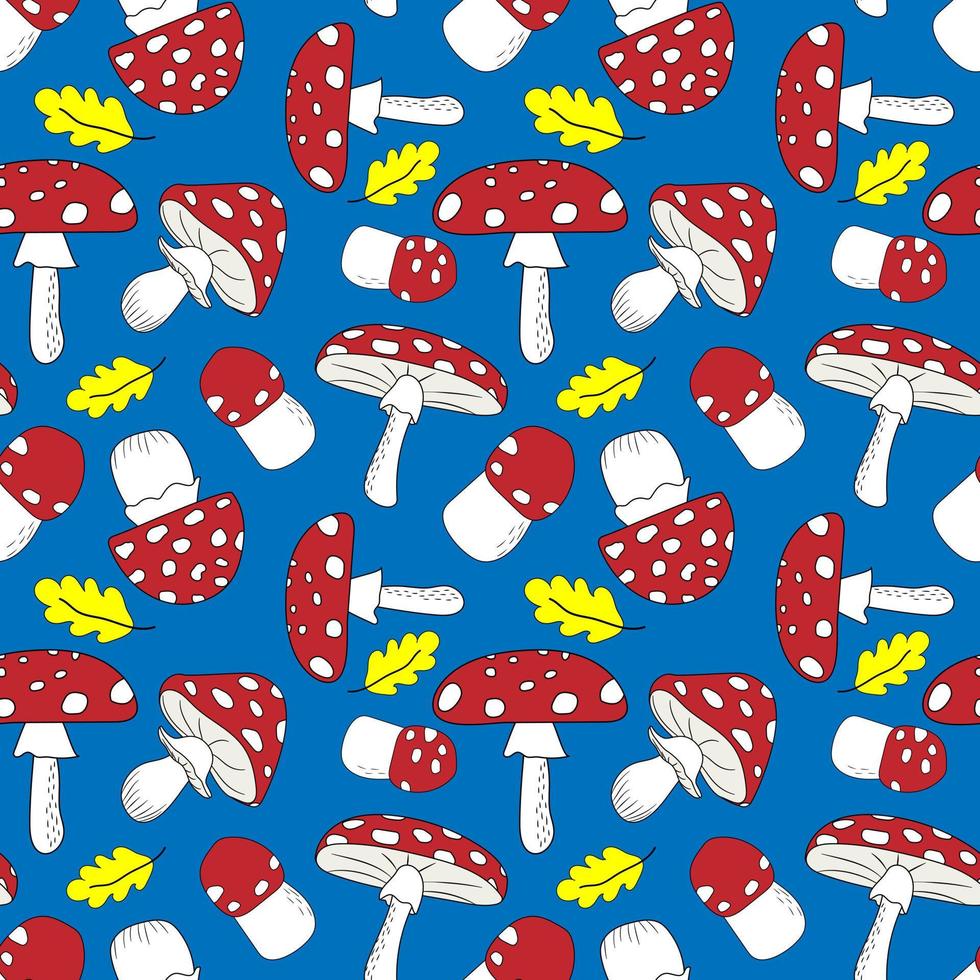 Seamless pattern with bright red mushrooms with yellow autumn leaves on blue background. Hand-drawn poisonous fly agaric. Sketch and outline vector illustration.
