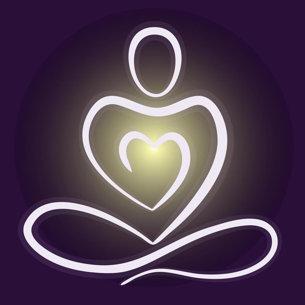 Meditating person with inside glow from heart. Abstract logo icon template. Vector illustration.