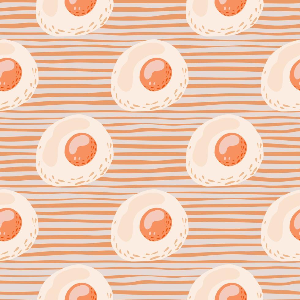 Pastel palette cooking seamless pattern with eggs. Omelette ornament with stripped background. Protein breakfast artwork in orange tones. vector