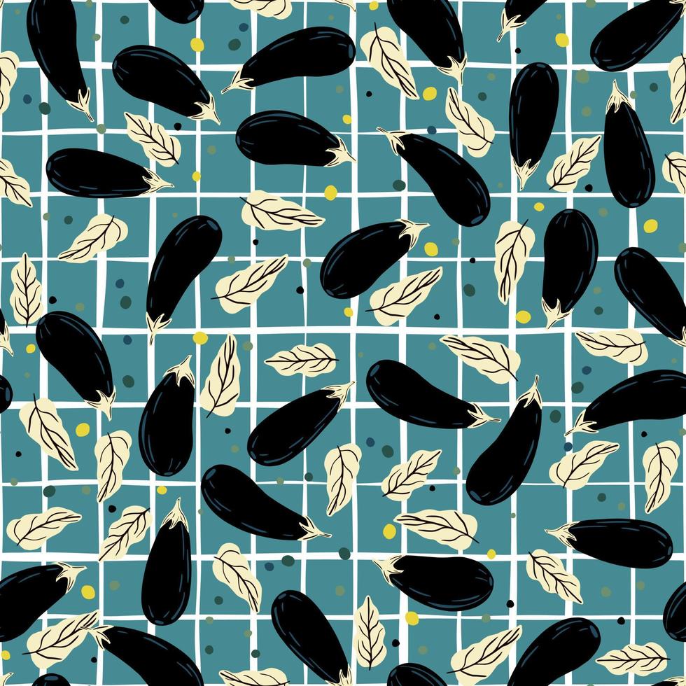 Creative hand drawn eggplants seamless pattern on stripe background. vector