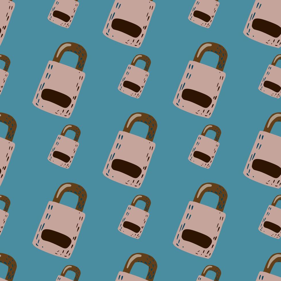 Pale pink lock door ornament seamless pattern. Vintage cartoon elements on blue background. Victorian style. vector
