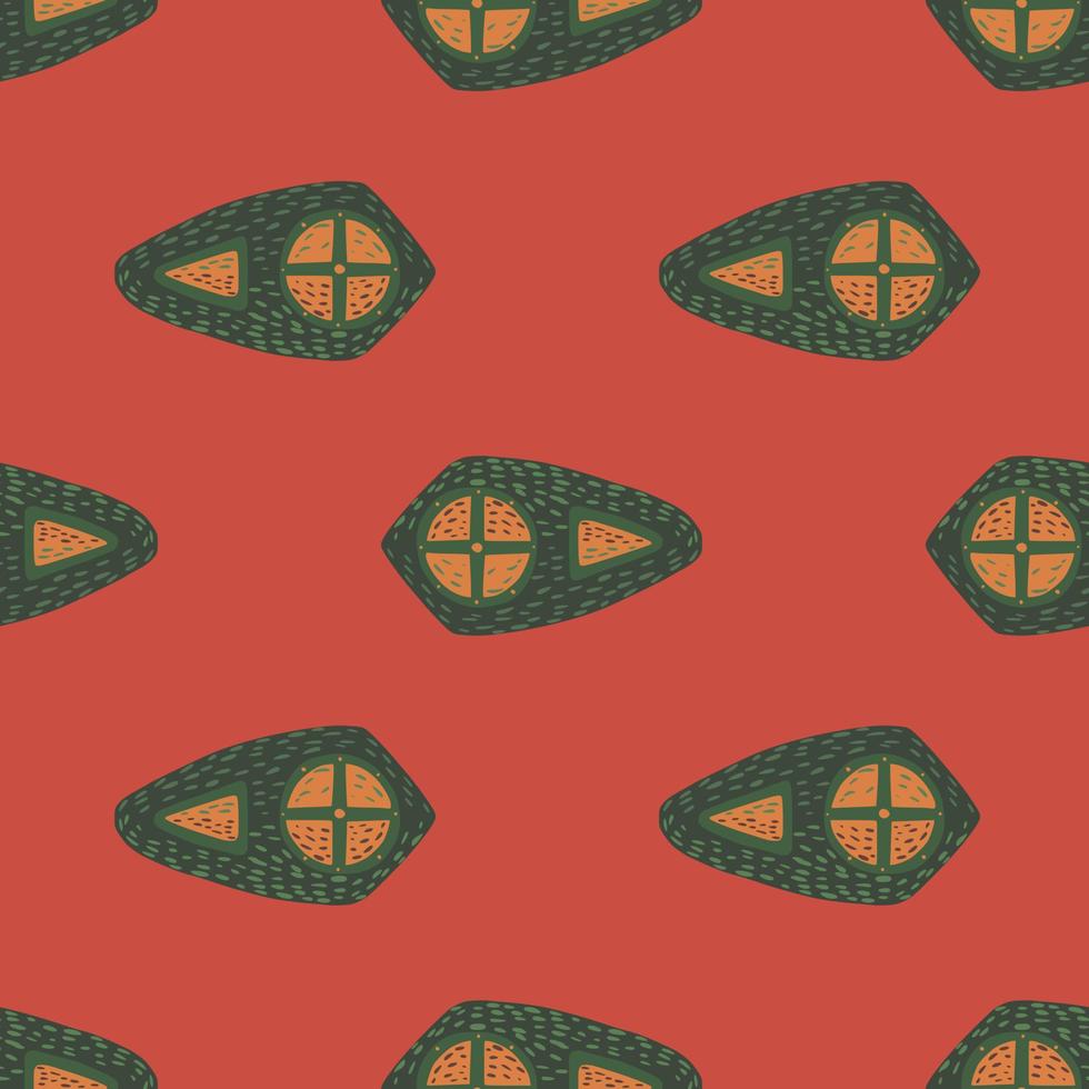 Green and orange colored shield elements seamless pattern. Decorative armor print on red pale background. vector