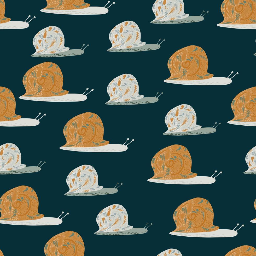 Cartoon seamless pattern with fairytail snails ornament. Orange and grey colored animals on dark turquoise background. vector