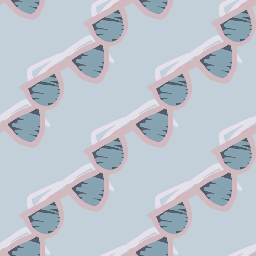 Diagonal sunglasses silhouettes seamless pattern. Blue soft background. Summer hipster style. vector