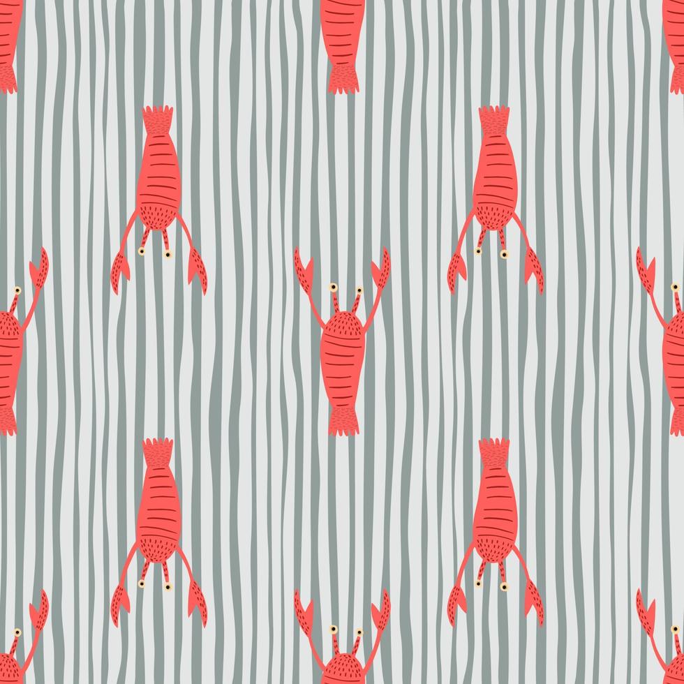 Contrast red lobster seamless pattern. Doodle animal marine print with blue striped background. Aquatic backdrop. vector