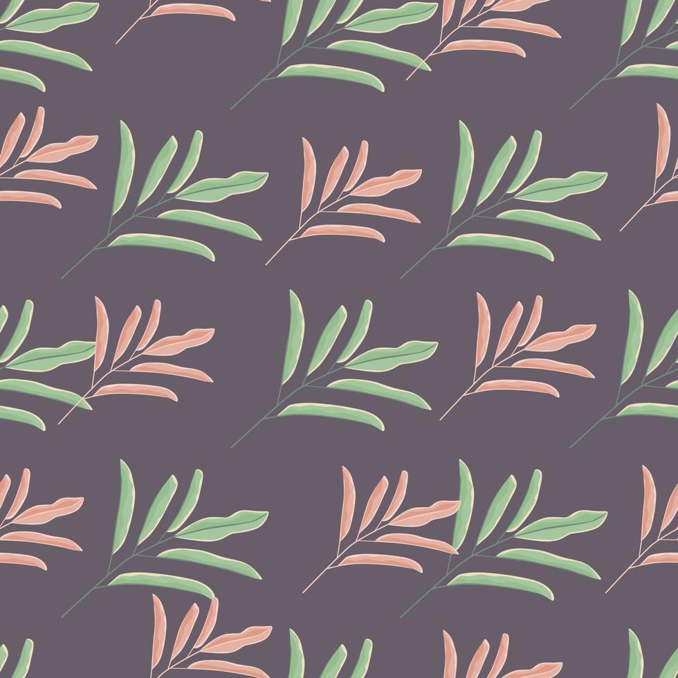 Pink and green colored simple leaf silhouettes seamless pattern. Purple background. Botany backdrop. vector