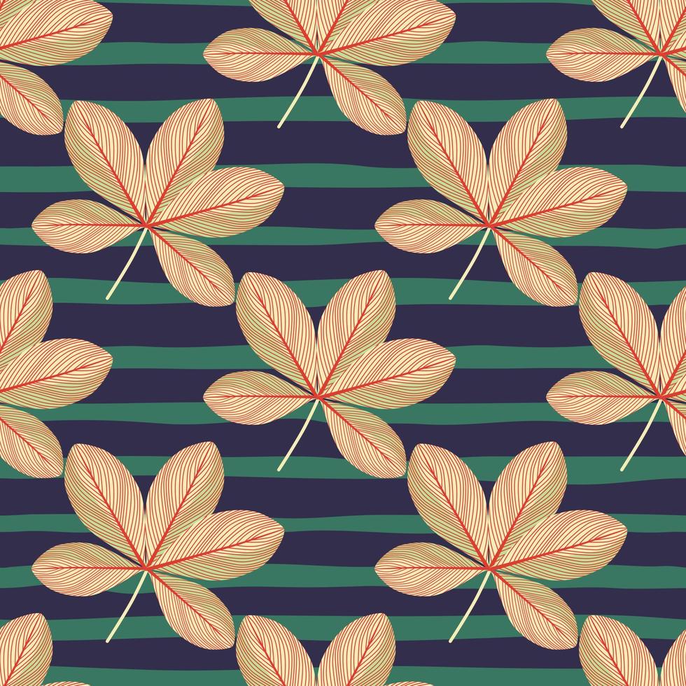 Orange doodle scheffler flowers silhouettes seamless pattern. Green and navy blue striped background. vector