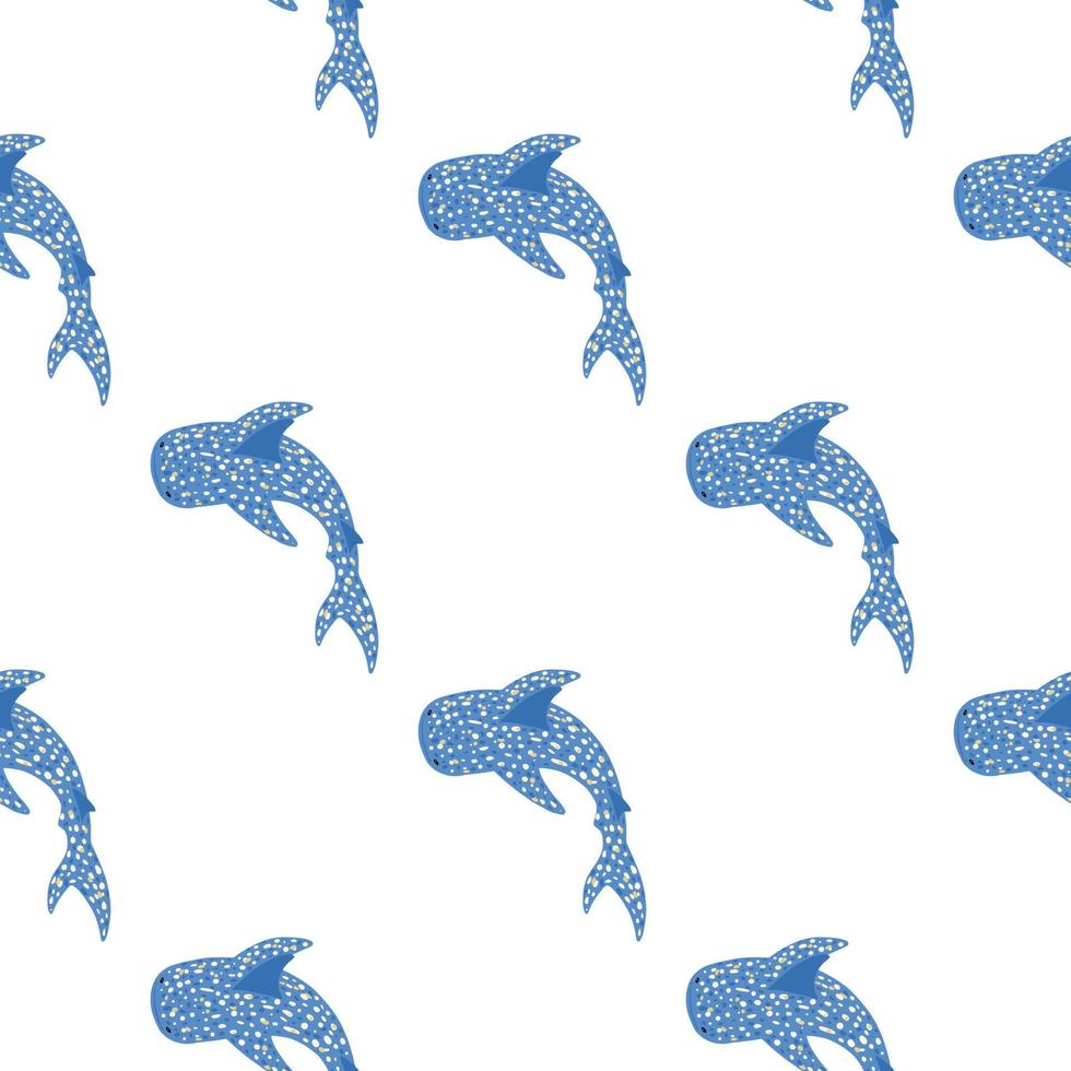 patrón transparente aislado minimalista con pequeñas siluetas de tiburones ballena azul. Fondo blanco. vector