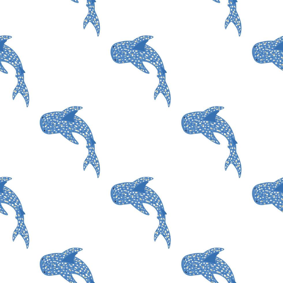 Minimalistic isolated seamless pattern with little blue whale sharks silhouettes. White background. vector