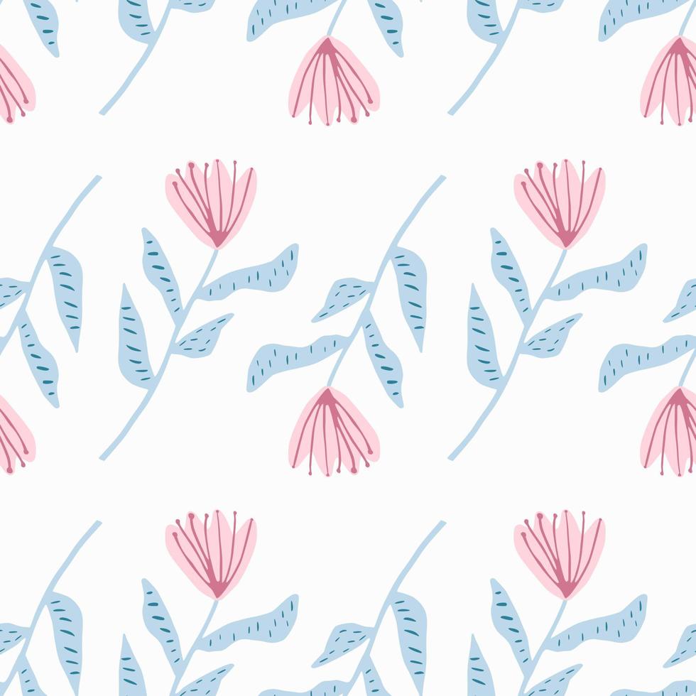 Isolated simple seamlss flower pattern. Tulip silhouettes with pink buds and blue stems on white background. vector