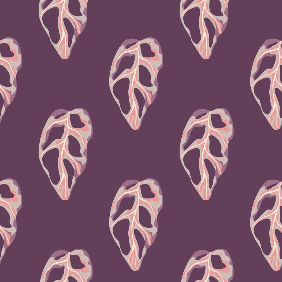 mármol rosa monstera siluetas de patrones sin fisuras. impresión simple de follaje de palma con fondo morado. vector