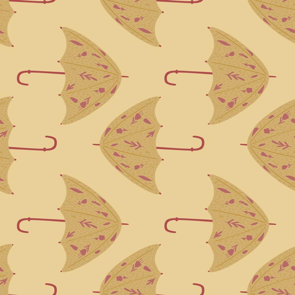 Fall umbrella silhouettes seamless pattern with folk ornament. Beige accessory shapes on pastel background. vector