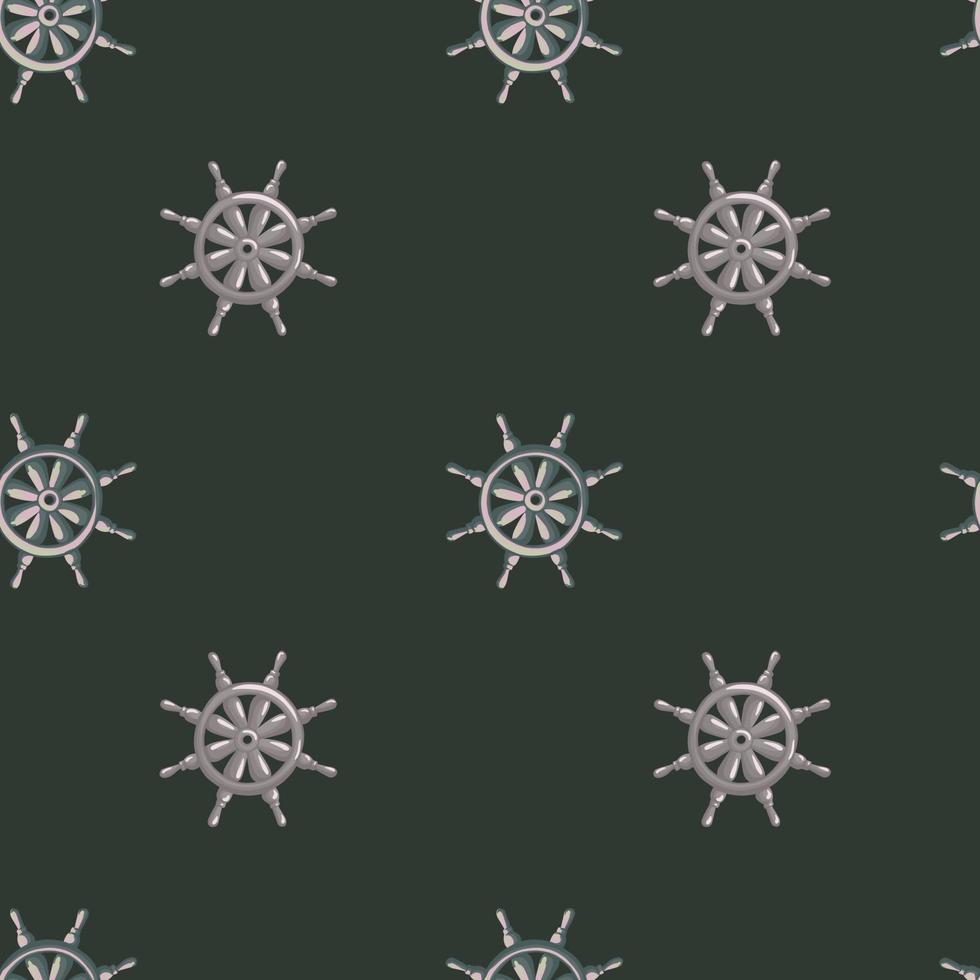 Random seamless pattern with grey colored ship wheel ornament. Black background. Sailboat backdrop. vector