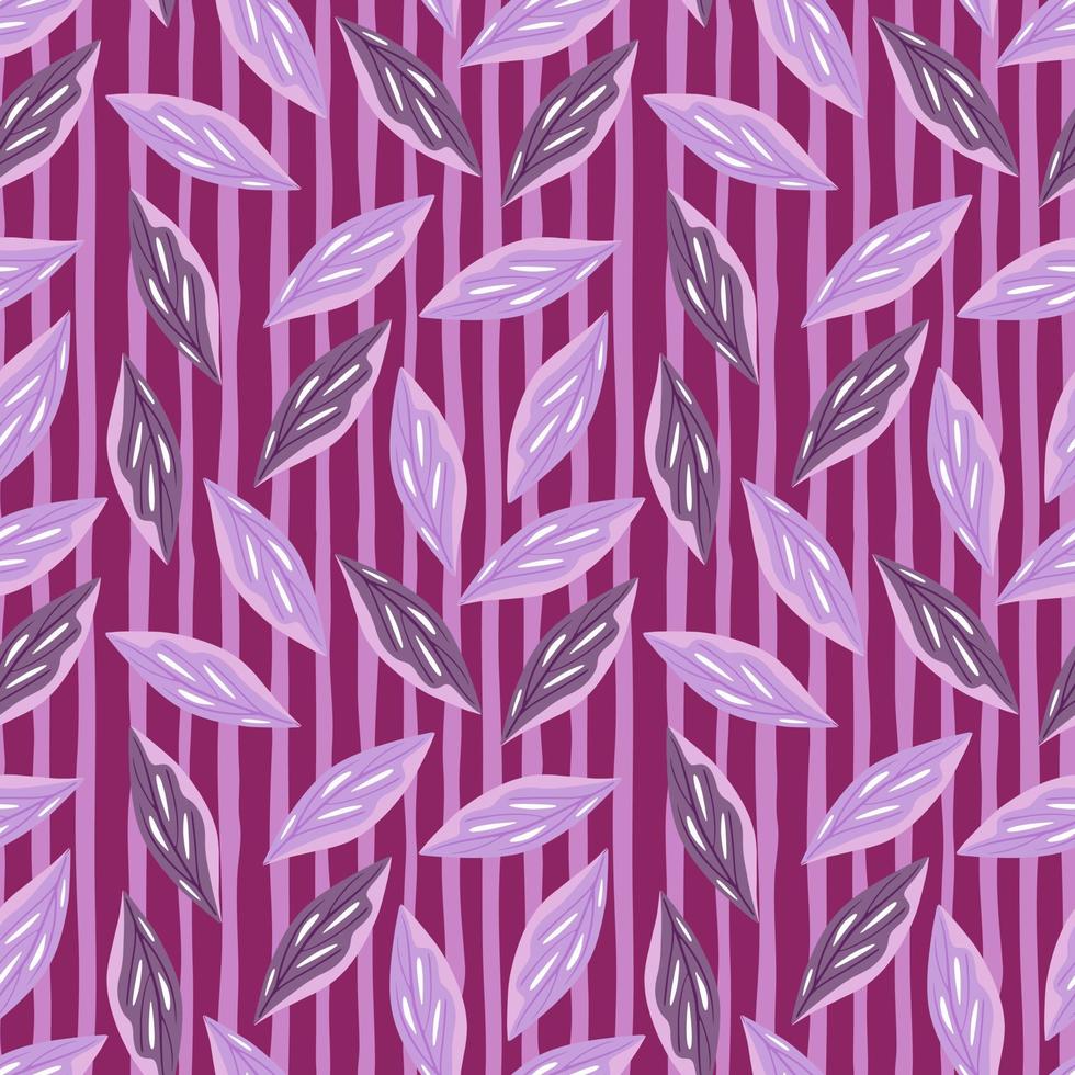 Abstract seamless pattern with decorative random simple foliage leaves ornament. Striped purple background. vector