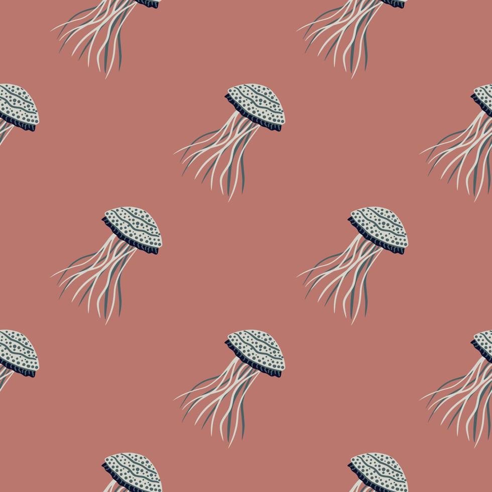 Hand drawn jellyfish silhouettes seamless doodle pattern. Grey sea elements on pale maroon background. vector