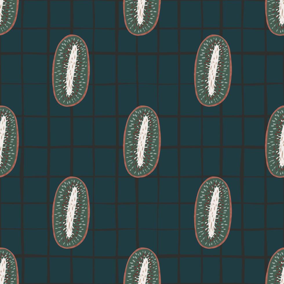 Seamless doodle creative pattern with grey abstract kiwi fruit shapes. Dark blue chequered background. vector