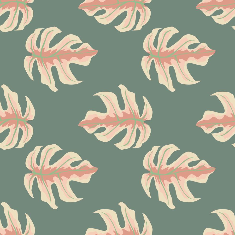 Simple exotic palm seamless doodle pattern with monstera silhouettes. Grey background with pink colored foliage. vector