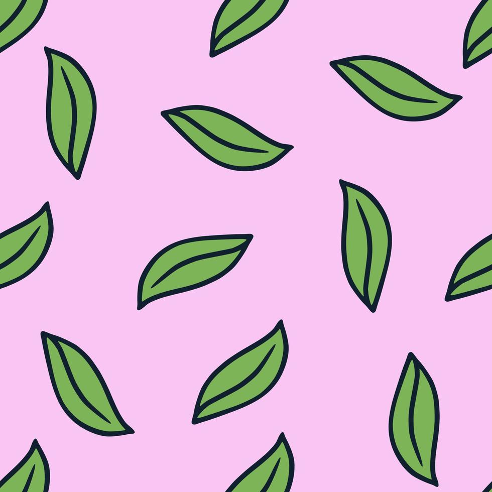 Abstract botanic seamless doodle pattern with outline simple green leaves ornament. Pink background. vector