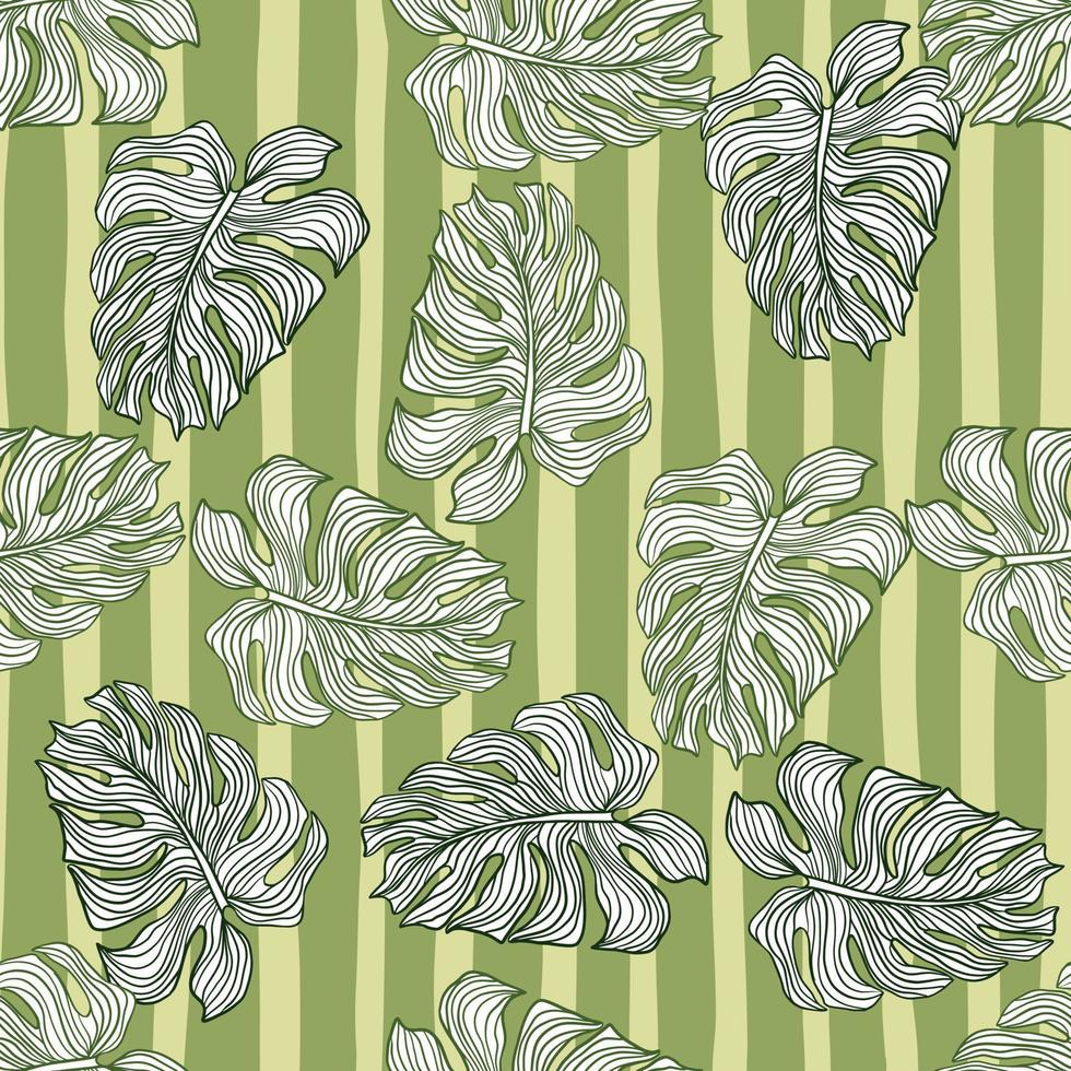 Random seamless pattern with outline monstera elements. Green striped background. Tropic print. vector