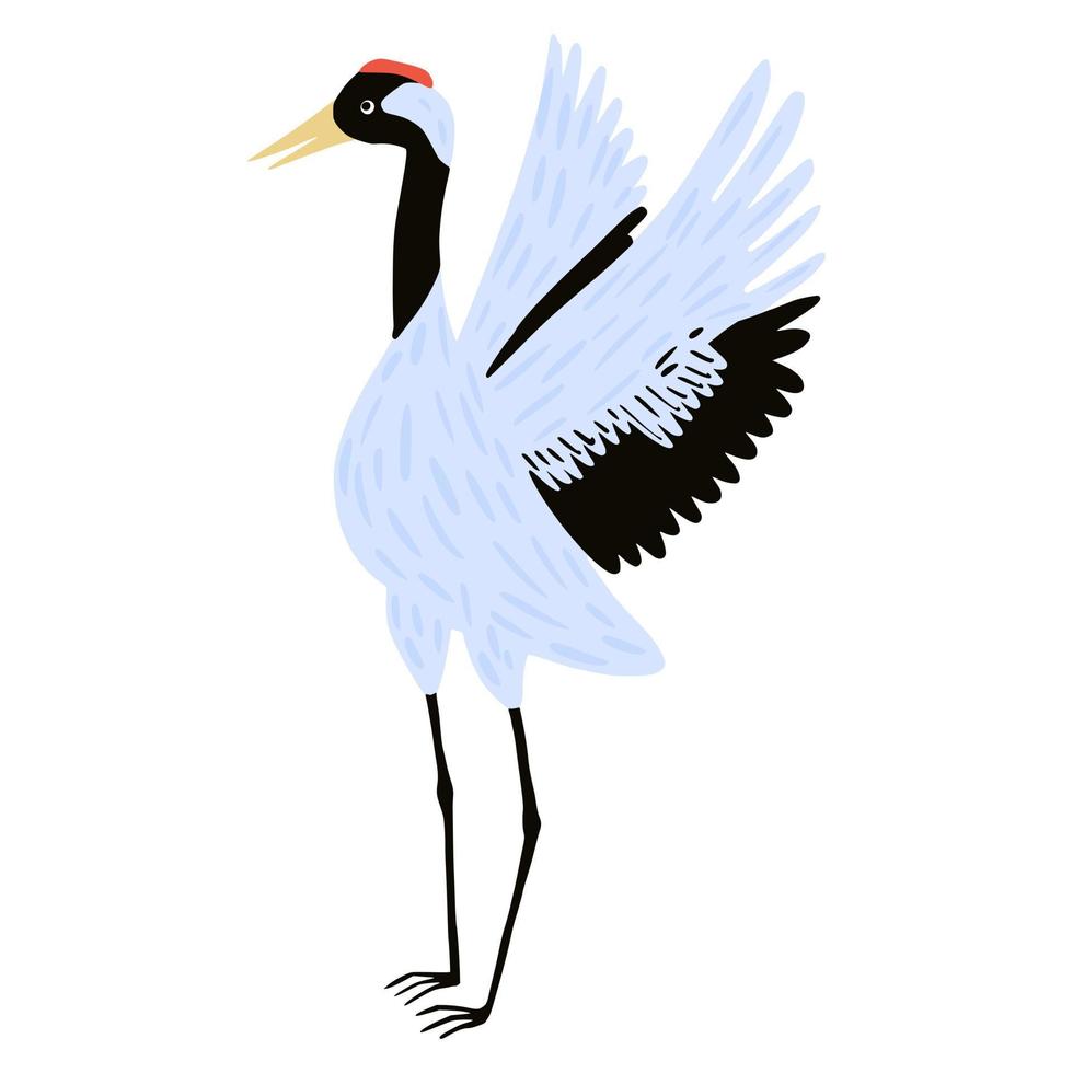 Crane bird dancing isolated on white background. Beautiful bird gray color from asian culture design element in flat style. vector