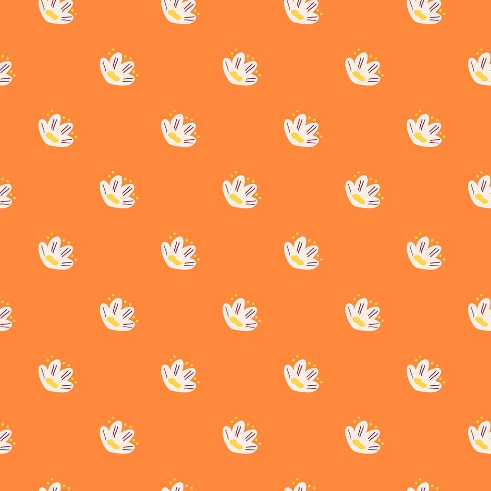 Floral bloom seamless pattern with white naive style flowers shapes. Bright orange background. Doodle ornament. vector